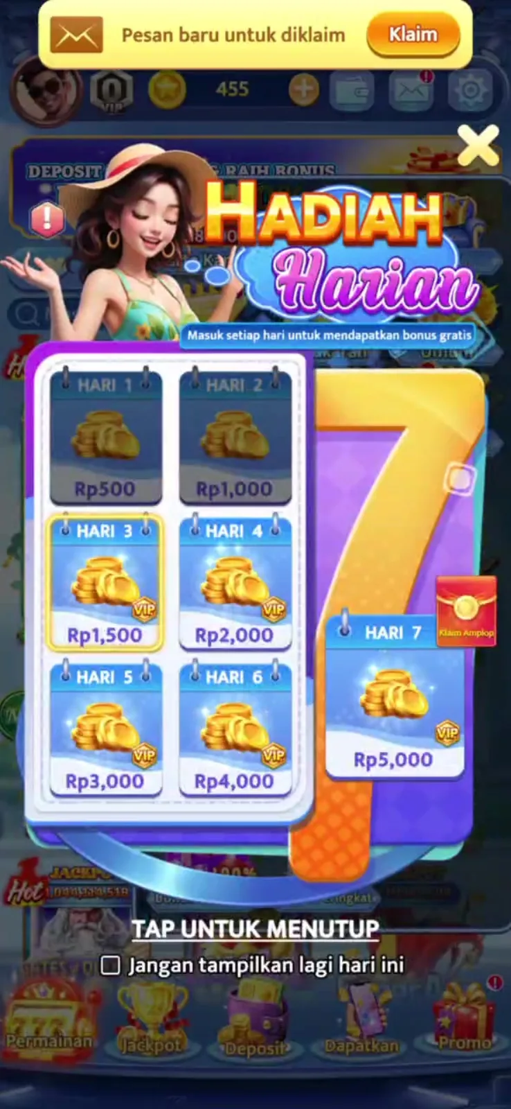 Popup hadiah login harian selama tujuh hari